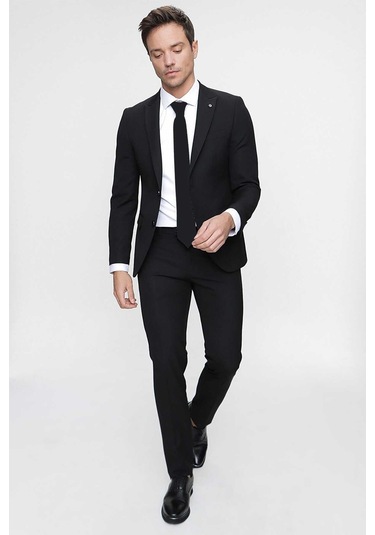 Morven Erkek Basic Düz Slim Fit 3lü Takım Elbise Slim Fit - 542408291 - Siyah