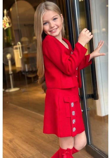 Riccotarz Kız Çocuk Askılı Bluz Hırka Ve Elmas Taş İşlemeli Cepli Bordo Triko Etekli Takım Bordo