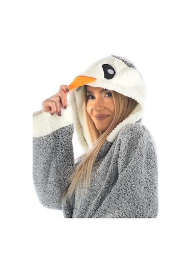 Zeynep Tekstil Penguen Nakışlı Kapşonlu Wellsoft Bornoz 153-99-1078 Gri