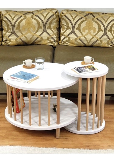 İkili Set Yuvarlak Orta Sehpa Ahşap Ayaklı Sehpa Iki Raflı Sehpa Dekoratif Sehpa Gazetelikli Beyaz - Beyaz