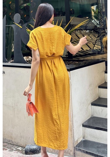 Hardal V Yaka, Kısa Kol, Airobin Kumaş, Omuz Detaylı, Kemerli/kuşaklı, Önden Yırtmaçlı Maxi Elbise Hardal