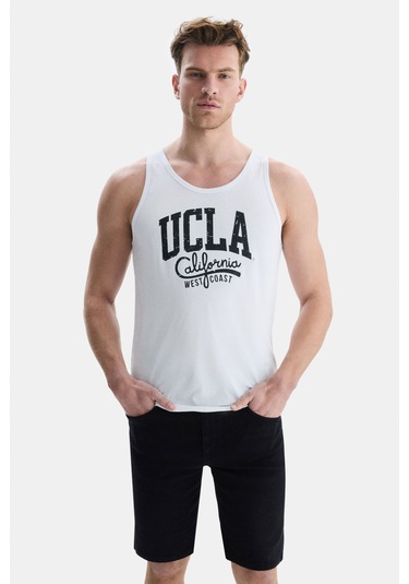 Ucla Pebble Beyaz Sıfır Kol Baskılı Oversize Erkek Tshirt Beyaz