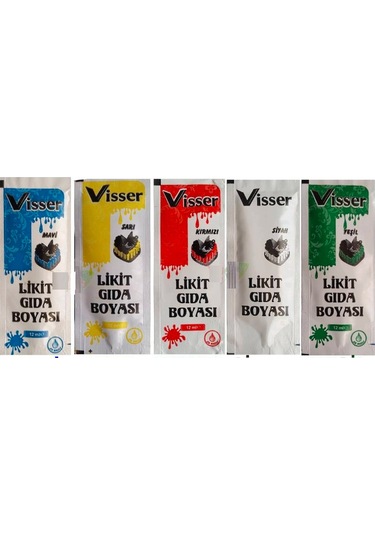Visser Likit Gıda Boyası Mavi + Sarı + Kırmızı + Siyah + Yeşil 5 x 12 ML