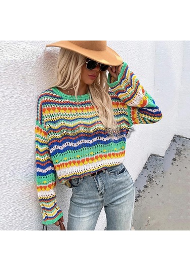 Kadın Gökkuşağı Bisiklet Yaka Çizgili Örgü Kazak Kazak Uzun Kollu Günlük Gevşek Büyük Boy Üstler Mavi