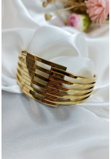 Kaburga Model 316 L Çelik Kelepçe Gold Bileklik,