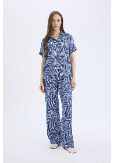 Defacto Regular Fit Desenli Kısa Kollu Gömlek C9621ax25spbe331 Mavi