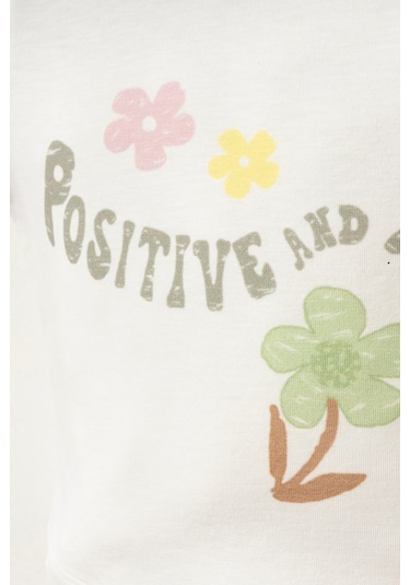 %100 Pamuklu Posıtıve Flower T-shirt Ekru