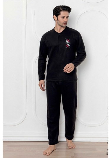 Falkom 7206 Desenli Polar Kışlık Erkek Pijama Takımı Uyku Takımı Siyah