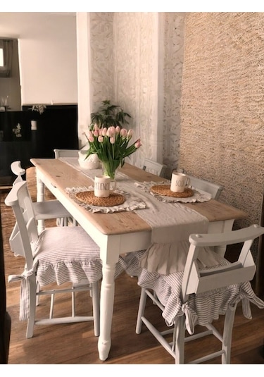 Bej Çizgili Buldan Yıkanmıs Keten 4 Tarafı Fırfırlı Sandalye Minderi Renkli Diğer