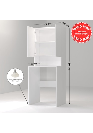 Çamaşır Makinesi Dolabı 3 Raflı Kapaklı Banyo Dolabı Beyaz %100 M Beyaz