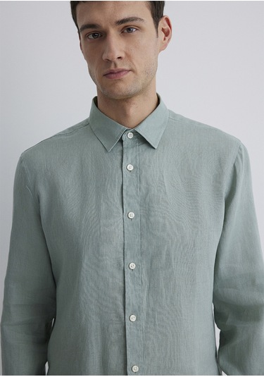 Mavi - Gri Keten Gömlek 0211466-70113 Yeşil
