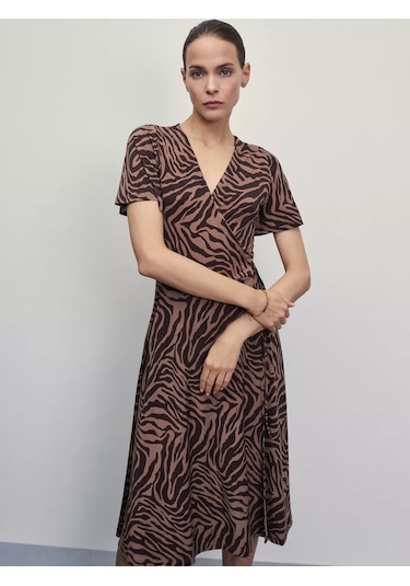 Zarına Kısa Kollu Midi Elbise, Çapraz Bağlamalı 218368967 Kahverengi