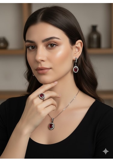 Yakut Taşlı Ve Zirkon Süslemeli Gümüş Set Bronz