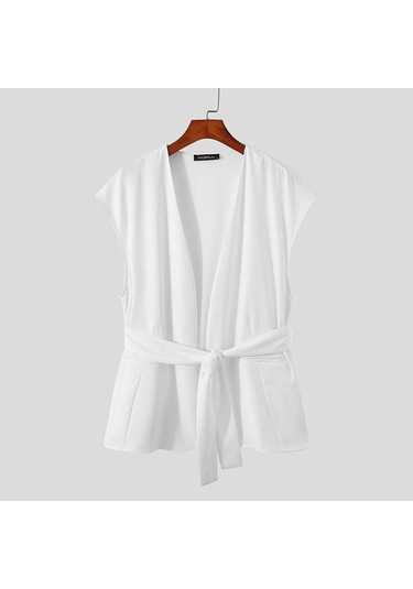 Incerun Erkek Moda Kolsuz Yelek Kemerli Üstler Açık Ön Hırka Düz Renk Yelek Bluz Beyaz