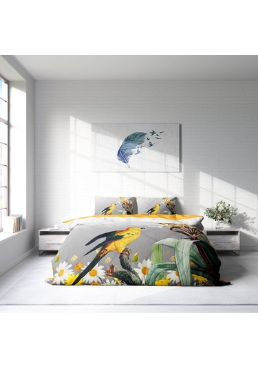 Monohome Yellow Parrot 3D Pamuk Saten Çift Kişilik Nevresim Takım Sarı