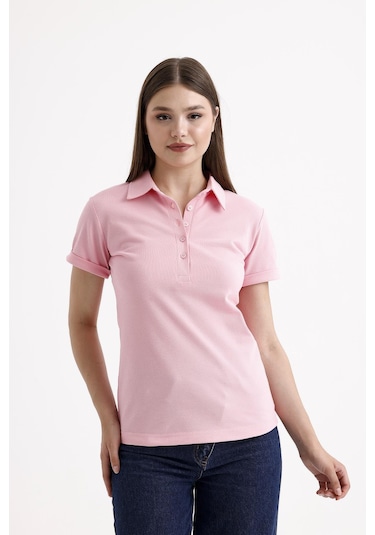 Sweetness Kadın Pembe Gömlek Yaka Kısa Kol Pamuklu Tişört Pembe