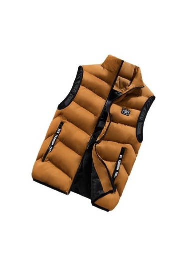 Erkekler Kış Yelek Standı Yaka Kalınlaşmış Yastıklı Yumuşak Rüzgar Geçirmez Sıcak Boyun Koruma Düz Renk Kolsuz Fermuar Kapatma Askı Dekor Cepler Sarı