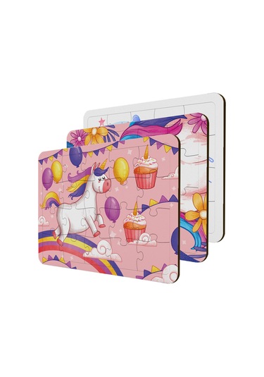Çocuklar Için Ahşap Puzzle 3'Lü Set Unicorn Temalı