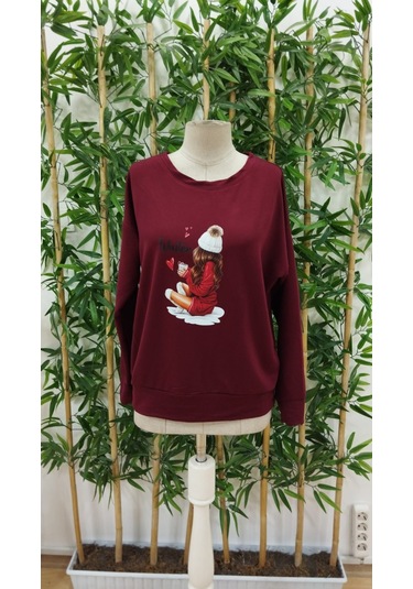 The İstanbul Kadın Yılbaşı Özel Uzun Kollu Bisiklet Yaka Desenli Viskon Iki Iplik Bluz Bordo