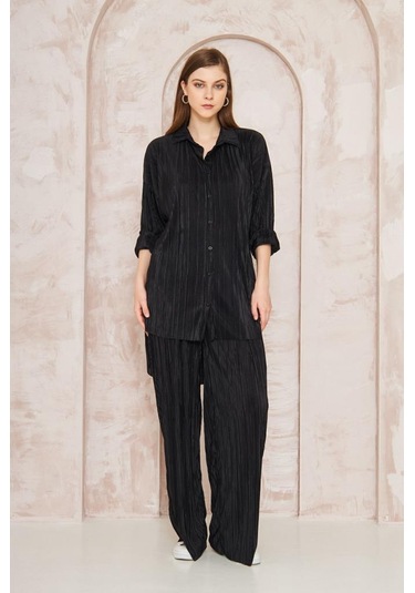 Kadın Pliseli Beli Lastikli Pantolon Tunik Gömlek Ikili Bürümcük Salaş Takım 3573300 Siyah