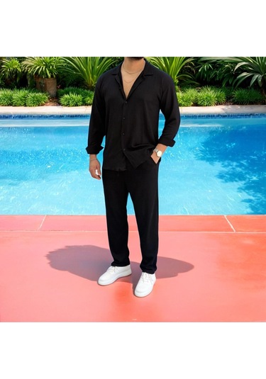 Erkek Bürümcük Krinkıl Kumaş Yazlık Likralı Apaj Yakalı Gömlek Ve Eşofman Takım Kombini Siyah