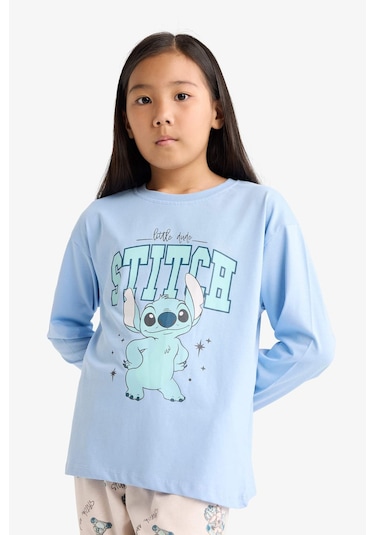 Defacto Kız Çocuk Disney Lilo & Stitch Pijama Takımı Uzun Kollu Üst Uzun Alt F7357a825aube768 Mavi