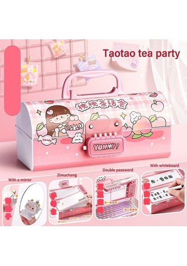 Mufunye Öğrenci Hediyesi: Çok Fonksiyonlu Kartoonlu Büyük Kapasiteli Kilitli Kalem Kutusu - Pembe Çok Renkli