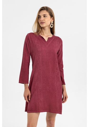 Bordo İşlemeli Uzun Kollu Astarsız Pamuklu Kısa Elbise-bordo