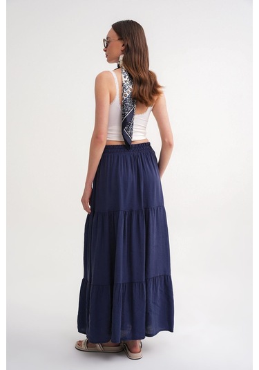 4662 Kadın Düğme Detaylı Büzgülü Modal Etek Lacivert Lacivert