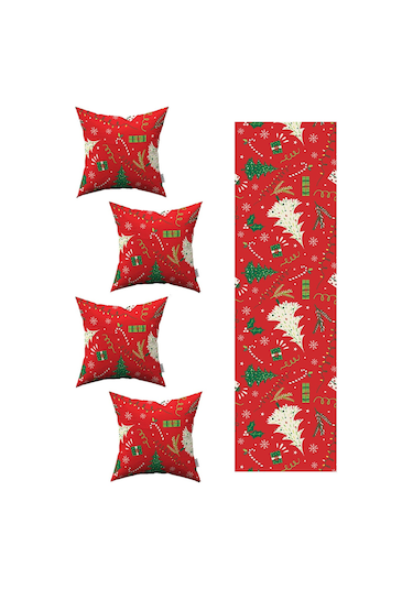 Kırmızı Yılbaşı Temalı 4'lü Kırlent Kılıfı 1 Runner Seti 4kmbs220-rs
