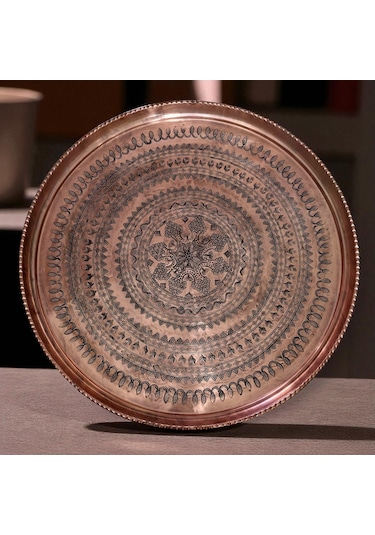 62 Cm El İşlemeli Otantik Desenli Kalın Urfa Bakır Tepsi - Bakır-tps454 Antik Bakır