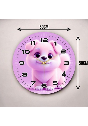 Yavru Köpek Pembe Renkli Baskı Hayvan Desenli Sayılı Hediyelik Ahşap Sessiz Duvar Saati 50cm ÇOk Renkli