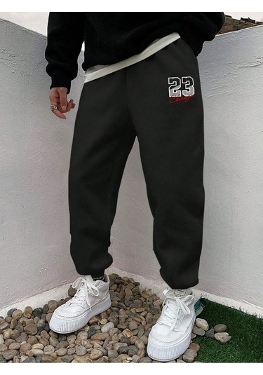23 Chicago Eşofman Altı Jogger - Siyah Baskılı Lastik Paça Yüksel Bel Siyah