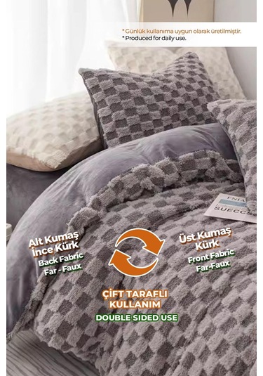 Evlen Home Çift Taraflı Kişilik Kürk Yorgan Uyku Seti Yumuşak Dolgulu Yatak Örtüsü 3 Parça Polo Antrasit