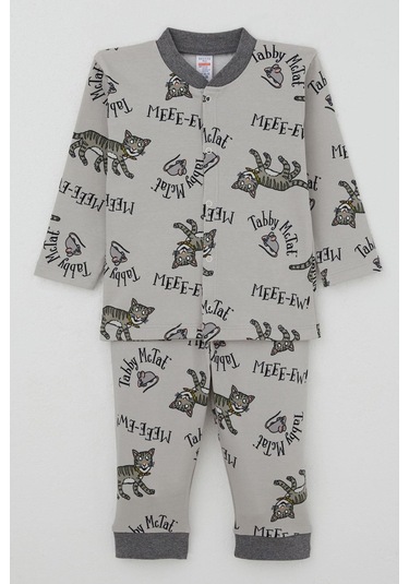 Breeze Erkek Bebek Pijama Takımı Sevimli Kedi Ve Farecik Desenli 0-1 Yaş, Gri Gri