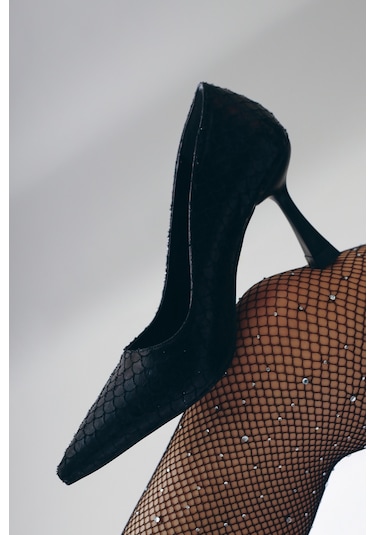 Limoya Celestine Siyah Balık Pulu Dokulu Sivri Burunlu Stiletto 001