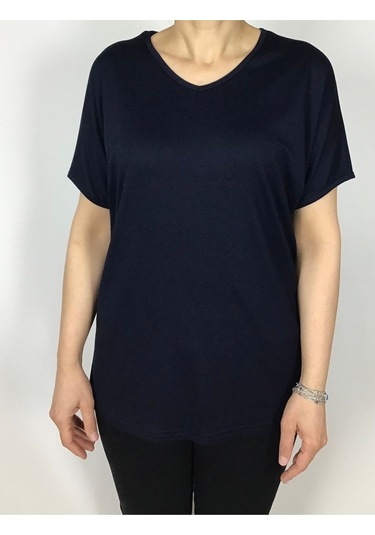 Kısa Kol V Yaka Likralı Düz Penye Bluz Lacivert