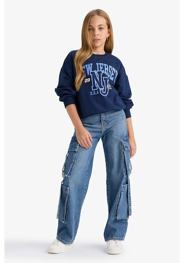 Defacto Kız Çocuk Relax Fit Bisiklet Yaka Baskılı Sweatshirt E8894a825aunv241 Lacivert