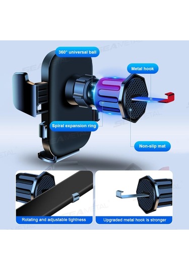 Seametal Yerçekimi Ayarlanabilir 360 Derece Döndürme Havalandırma Klipsi Araba Telefon Tutucu Montajı Siyah