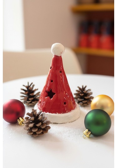 Noel Şapka Seramik Mumluk- Büyük Çok Renkli