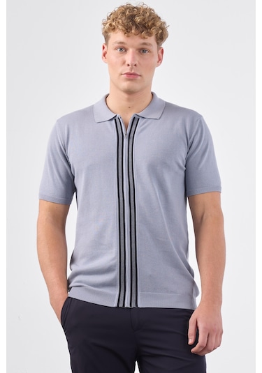 Dufy Gri Polo Fermuar Yaka Düz Kısa Kollu Slim Fit Erkek Triko Gri