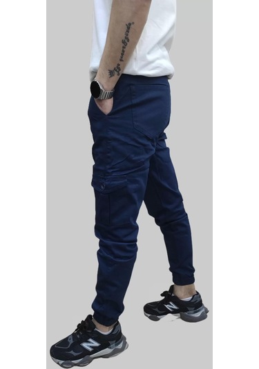Erkek Jogger Beli Ve Paçası Lastikli Keten İndigo Kargo Pantolon İndigo
