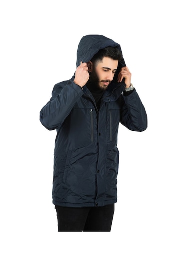 Erkek Lacivert Içi Polarlı Su Ve Rüzgar Geçirmez Kapüşonlu Kışlık Mont & Kaban & Parka Lacivert