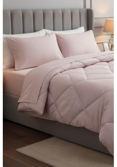 Satin Pollysaten Comforter Çift Kişilik Yorgan Seti Pudra Pudra