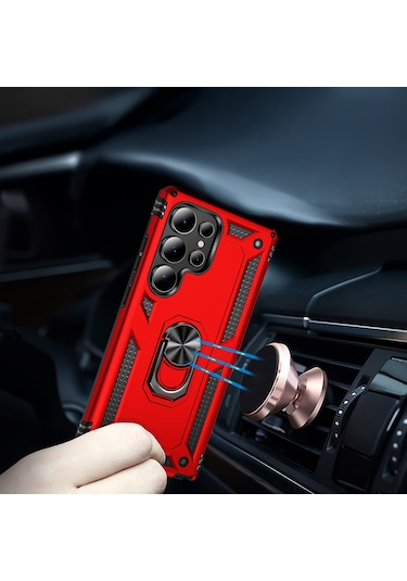 Samsung Galaxy Uyumlu S25 Ultra Kılıf Sofya Yüzüklü Standlı Zırhlı Korumalı Silikon Kılıf Siyah