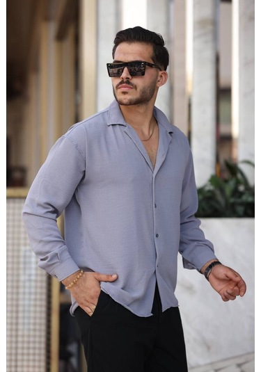 Tex Republic Erkek Gri Rahat Kesim Dokulu Oversize Salaş Aerobin Gömlek Gri