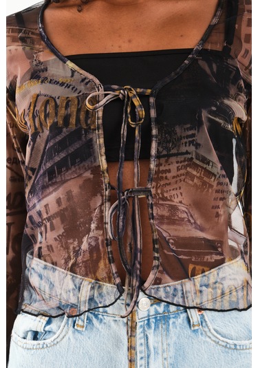 Önü Bağcıklı Tül Bluz Yeşil