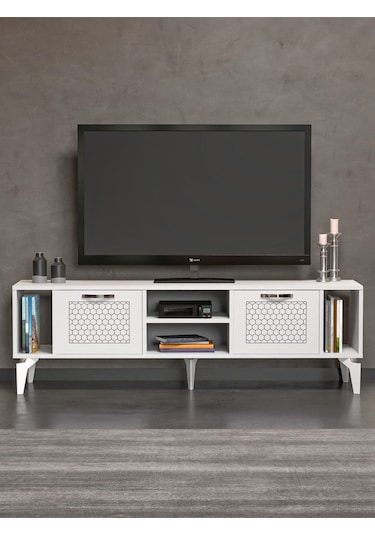 Tv Sehpası Tv Ünitesi Beyaz Gümüş 160 Cm Linya 5043 Gri