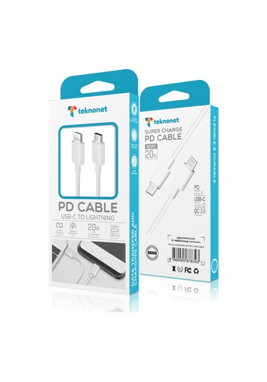 Teknonet Tn-dc15 20w Pd Plexy 100 Cm Type-c To Lightning Şarj Ve Data Kablosu Beyaz