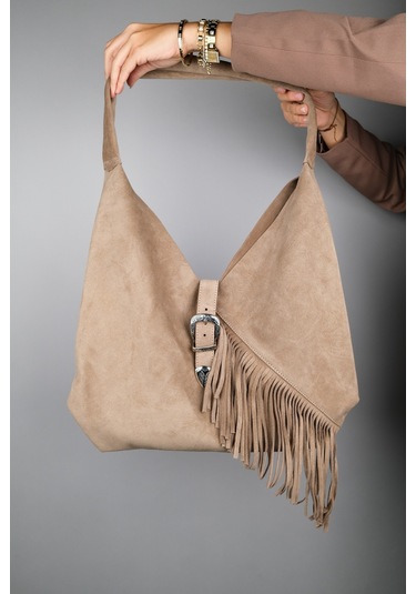 Rosalın Koyu Bej Hakiki Süet Deri Püsküllü Kadın Omuz Çantası Koyu Bej